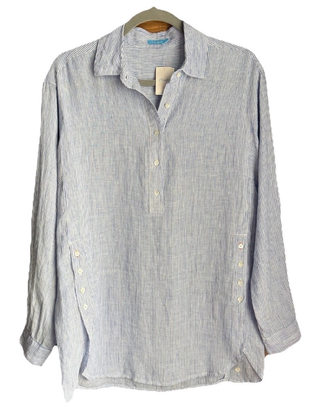 J.McLaughlin Fallon Blouse XS White French Blue Striped 100% Linen Henley Tunic